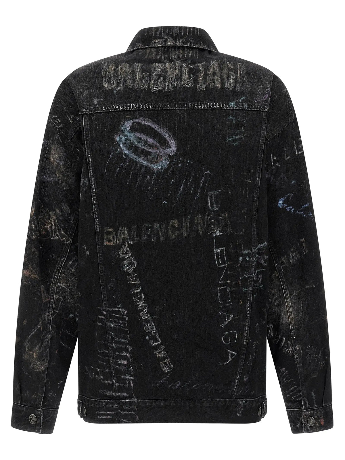 Veste en denim noir balenciaga en coton avec imprimé graffiti à logos répétés et motifs abstraits en blanc et gris pâle