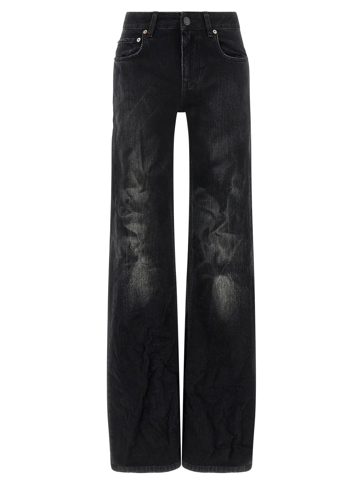 Jean flare balenciaga noir en coton avec jambe large délavé et détails usés subtils