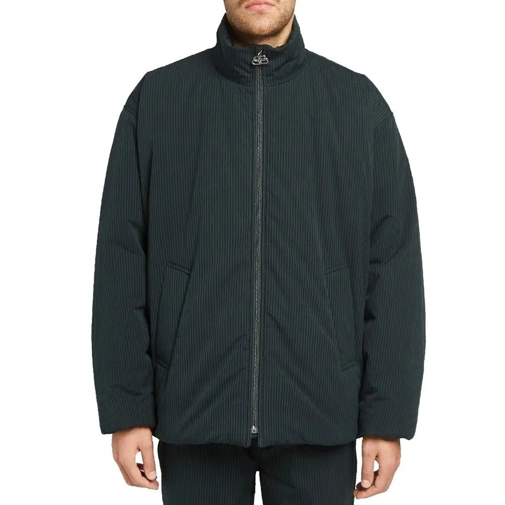 Veste longue noire en coton balenciaga avec texture côtelée verticale et col montant, style doudoune vert foncé