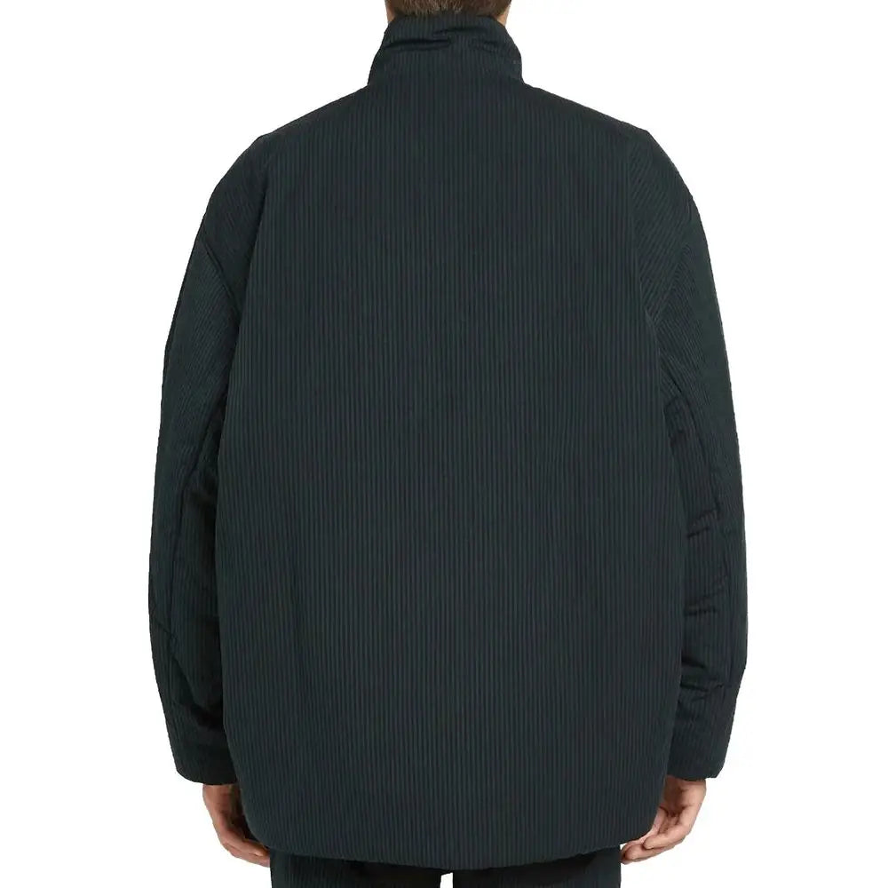 Veste balenciaga noire en coton pleine longueur avec matelassage vert foncé à fines rayures col montant et épaules structurées