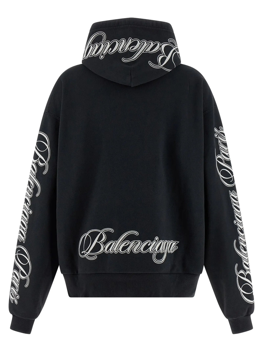 Balenciaga black cotton hoodie with white cursive lettering on hood sleeves and back shown from the back side
