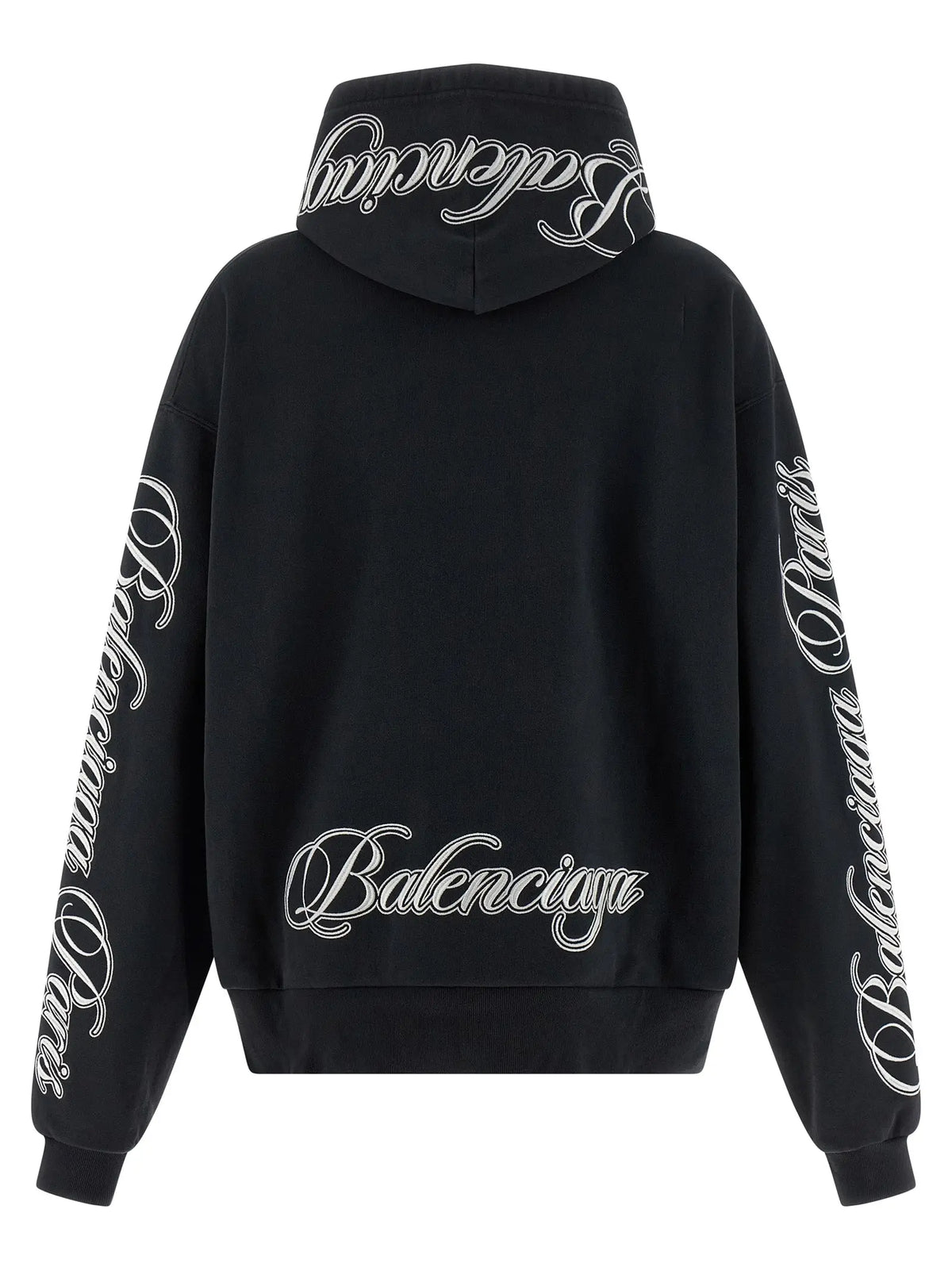 Balenciaga black cotton hoodie with white cursive lettering on hood sleeves and back shown from the back side