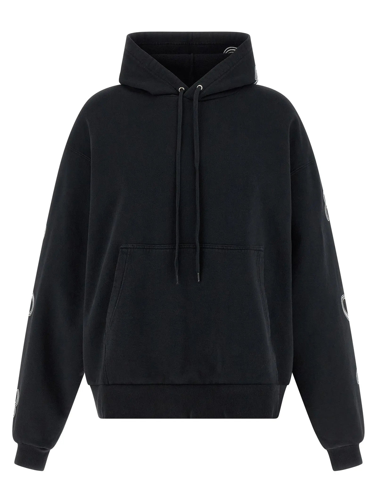 Balenciaga black cotton hoodie noir oversize avec logos circulaires blancs subtils sur les manches et la doublure