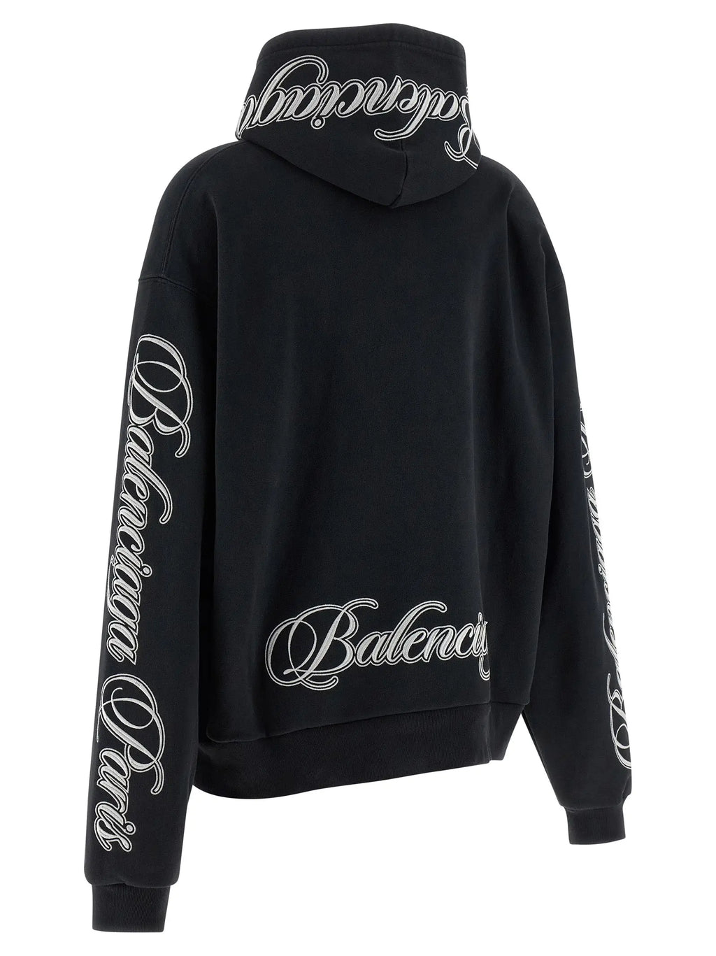 Balenciaga black cotton hoodie with white cursive lettering on hood sleeves and back shown from the back side