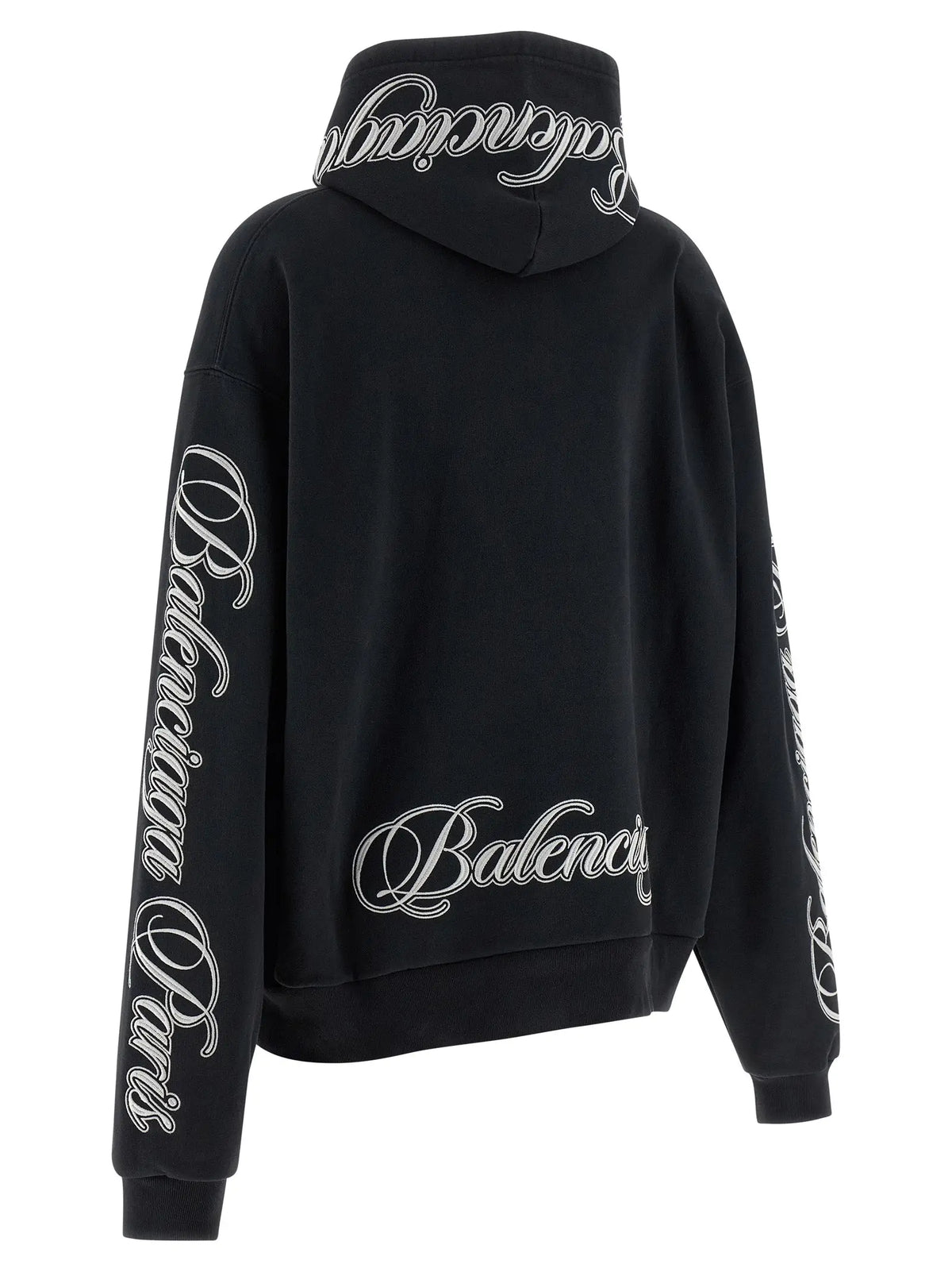 Balenciaga black cotton hoodie with white cursive lettering on hood sleeves and back shown from the back side