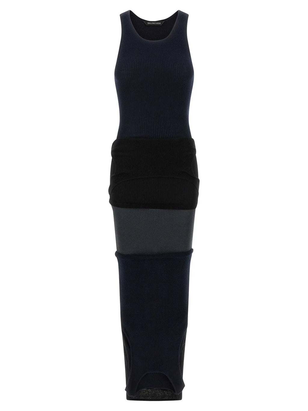 Balenciaga robe longue noire en coton avec détail en maille côtelée sans manches bleu marine et panneau horizontal noir et gris