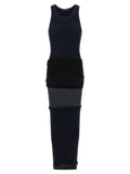 Balenciaga robe longue noire en coton avec détail en maille côtelée sans manches bleu marine et panneau horizontal noir et gris