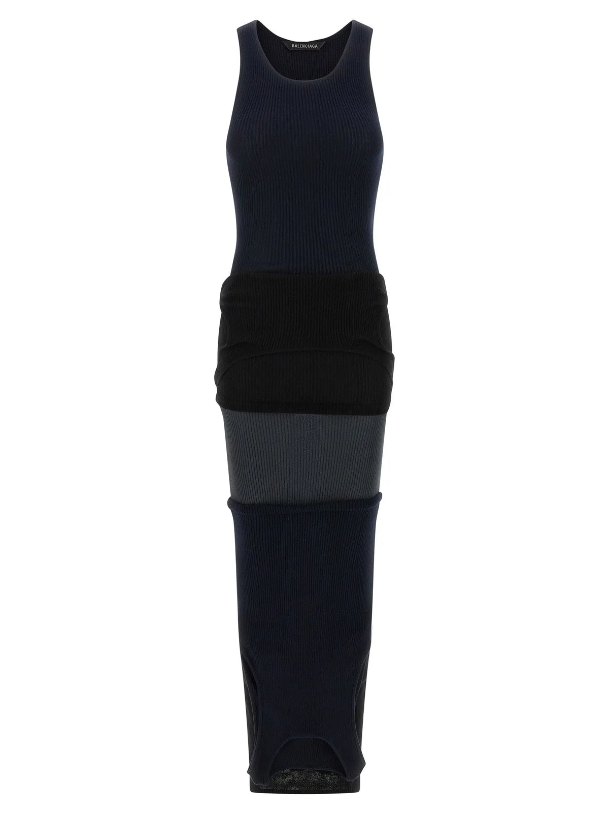 Balenciaga robe longue noire en coton avec détail en maille côtelée sans manches bleu marine et panneau horizontal noir et gris