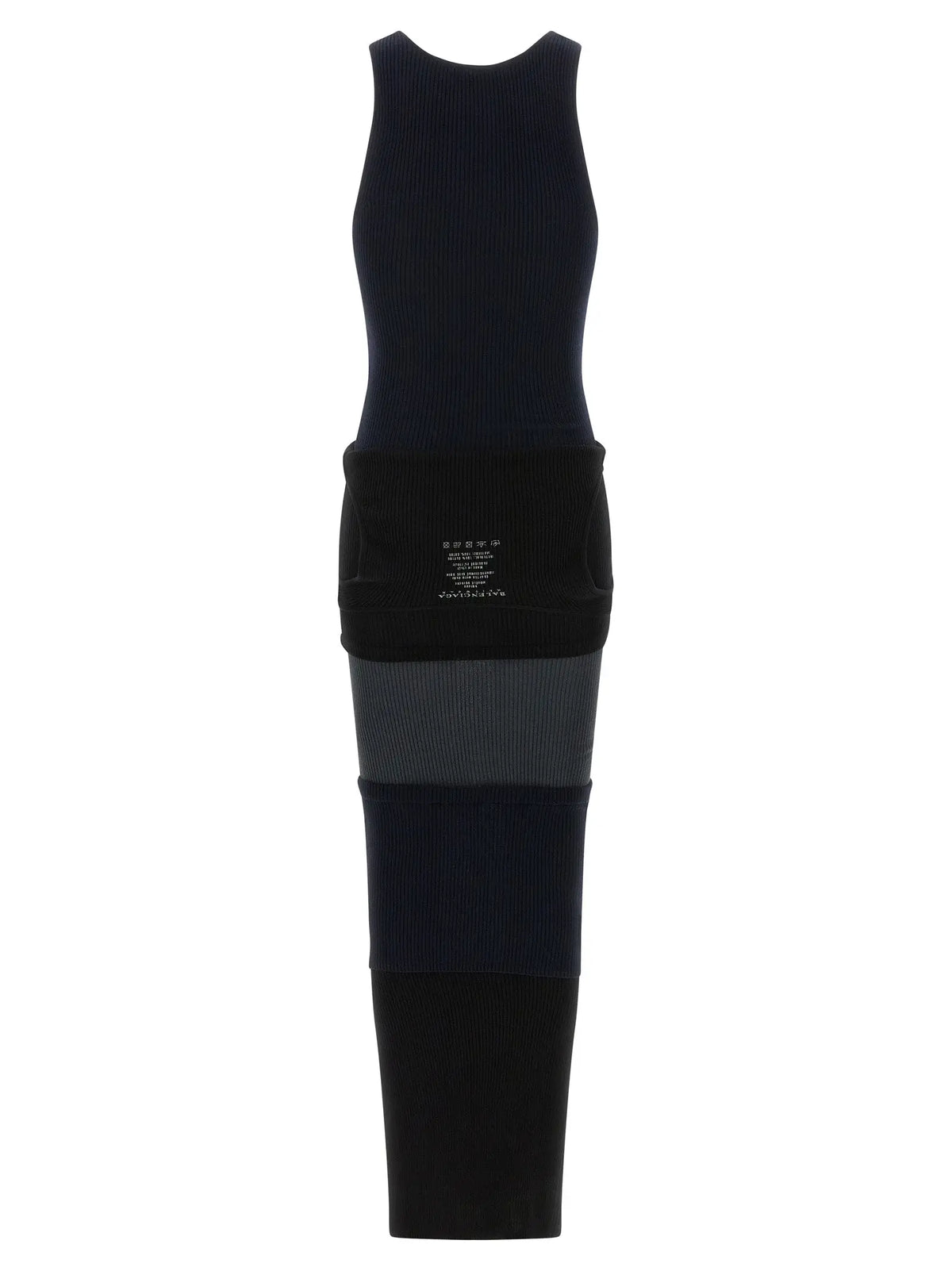 Robe longue noire en coton balenciaga en maille côtelée sans manches avec panneaux colorés horizontaux marine gris anthracite et noir