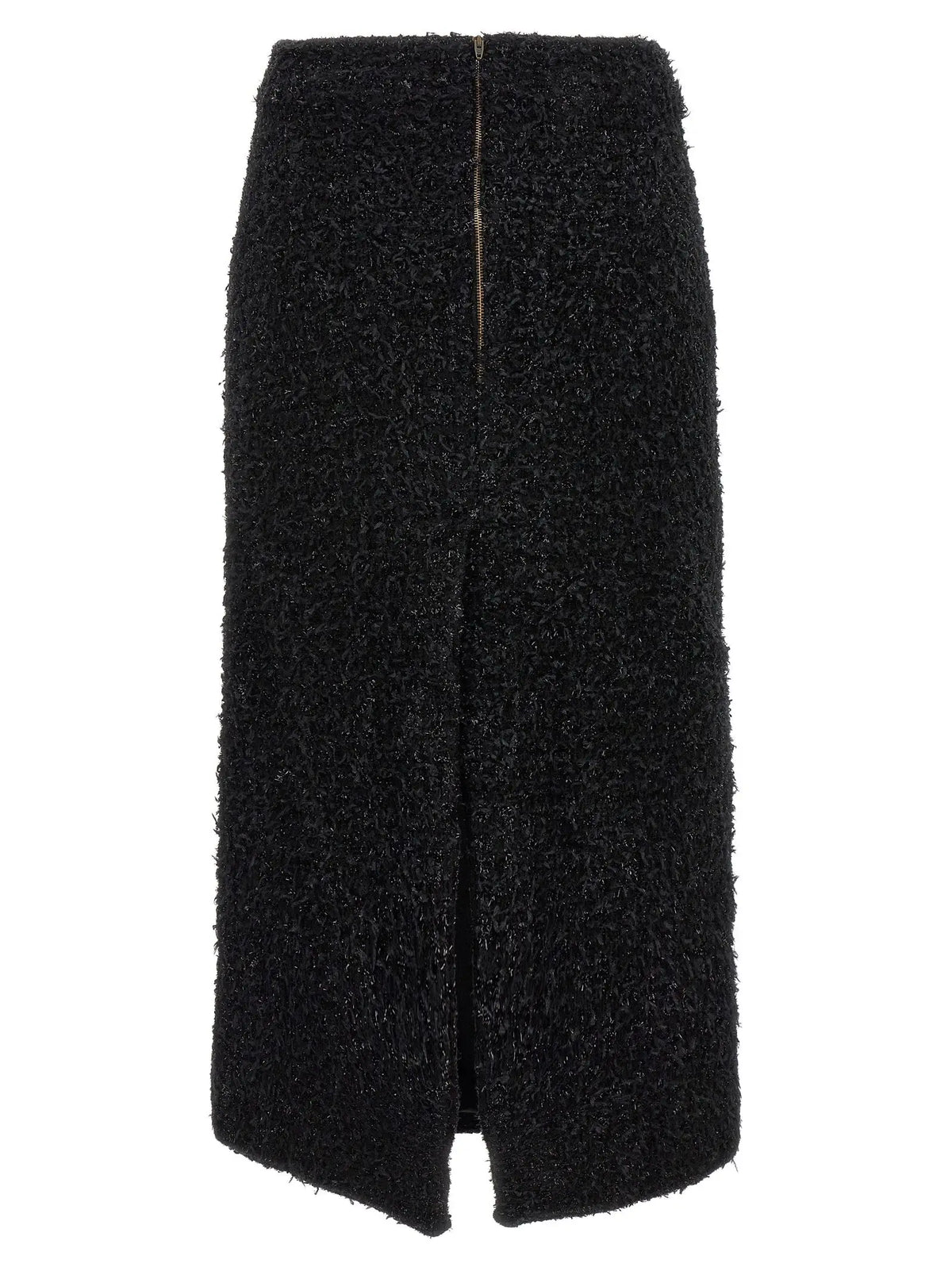 Jupe midi en coton noire balenciaga avec texture laineuse fermeture eclair centrale et fente devant