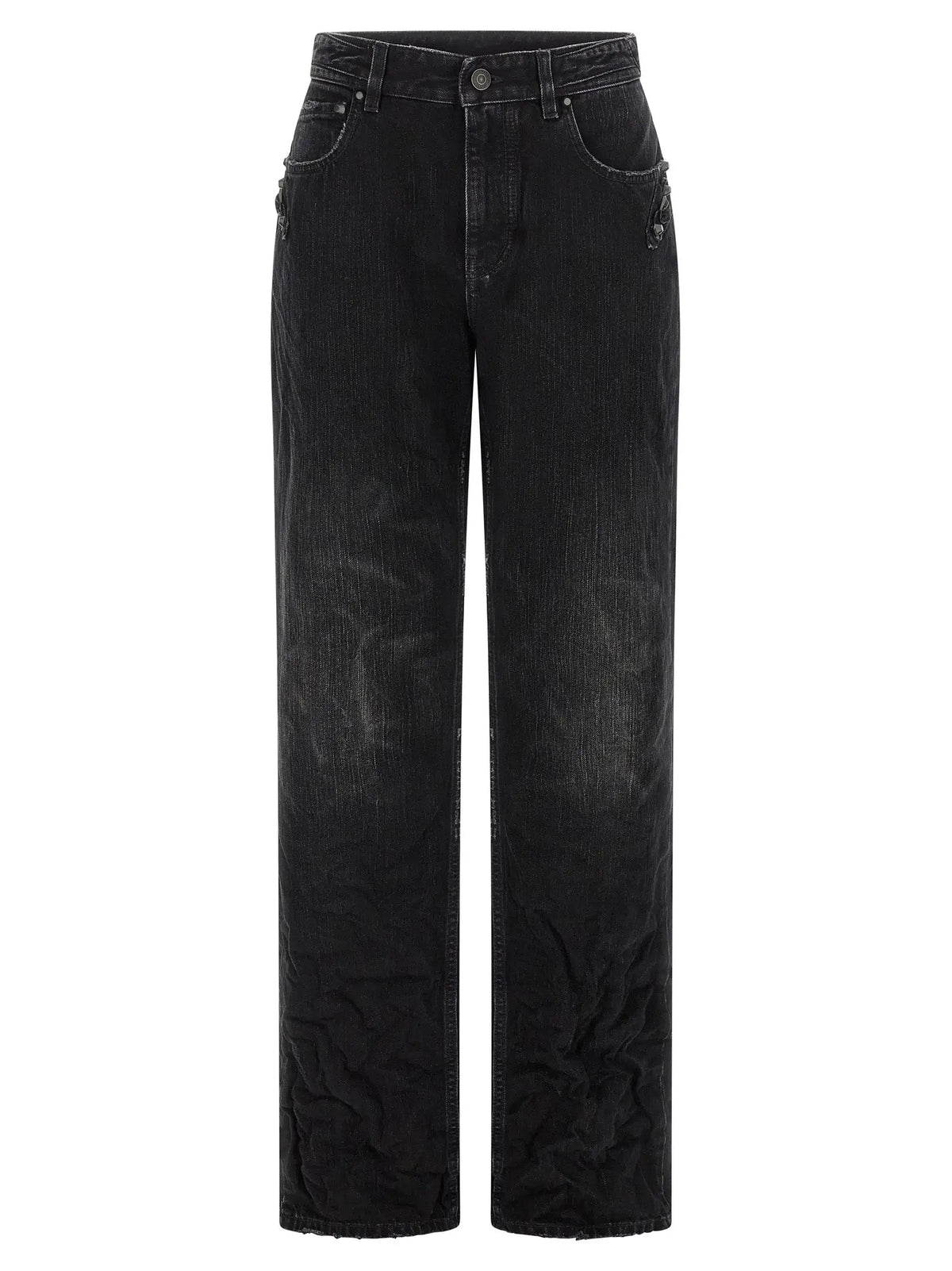 Jean balenciaga noir en coton coupe droite avec jambes larges, finition délavée et aspect usé subtil