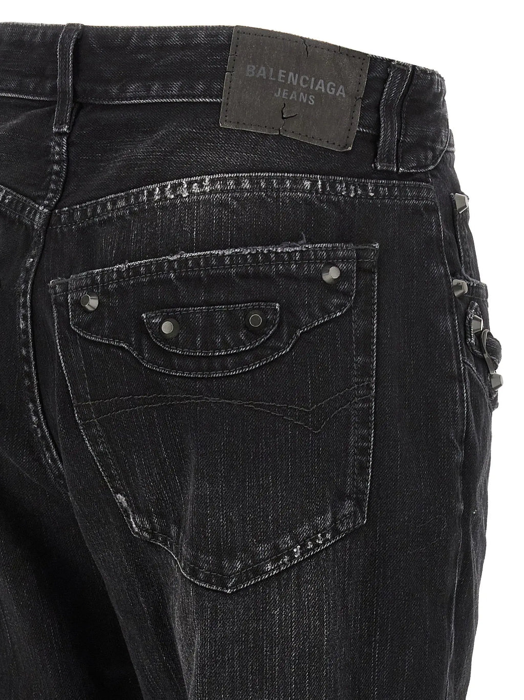 Jeans balenciaga noirs en coton à jambe droite avec finition délavée et rivets argentés sur la poche arrière vue dos