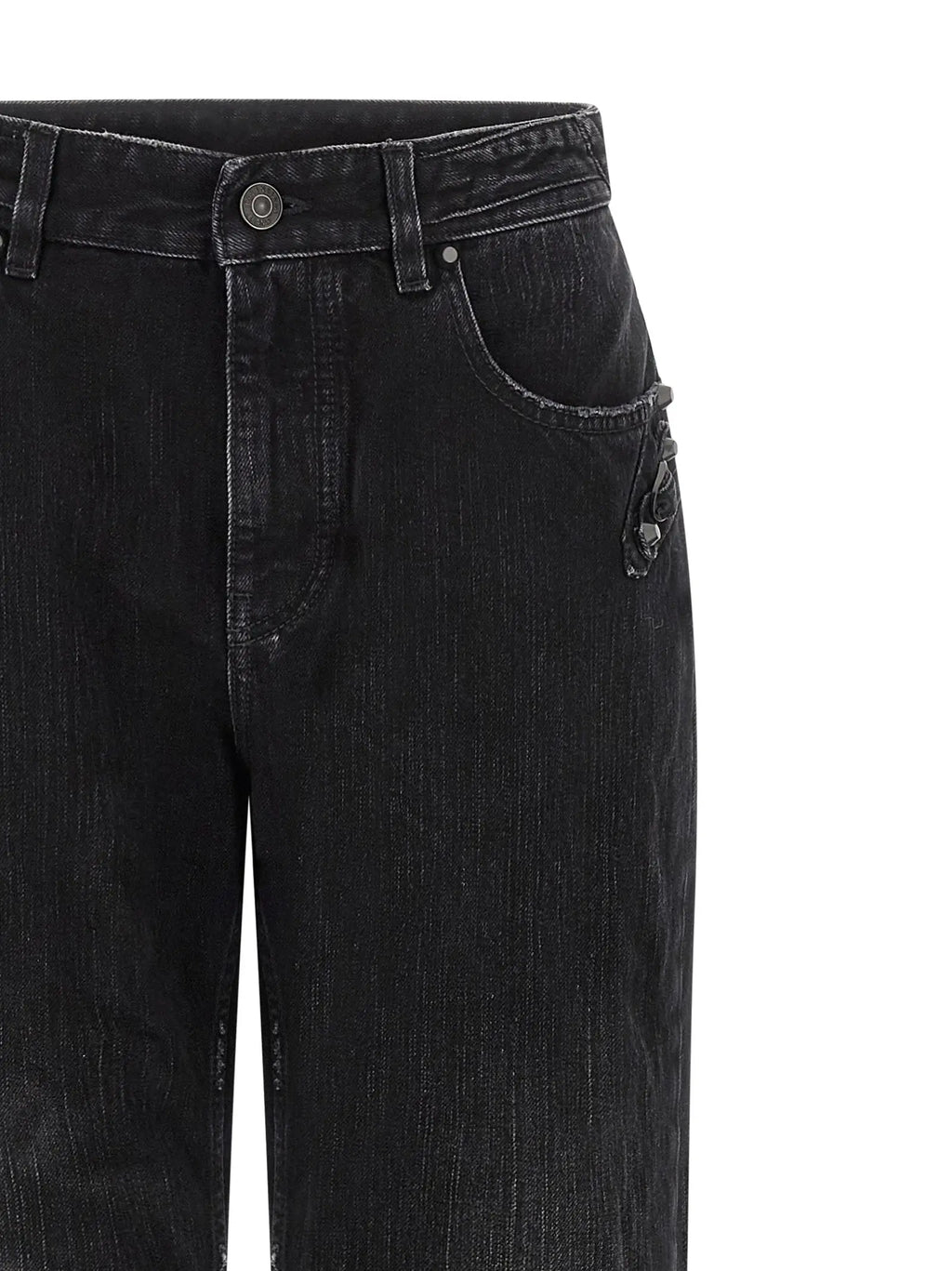 Jean droit balenciaga en coton noir avec texture délavée et détail de bouton décoratif sur la poche avant