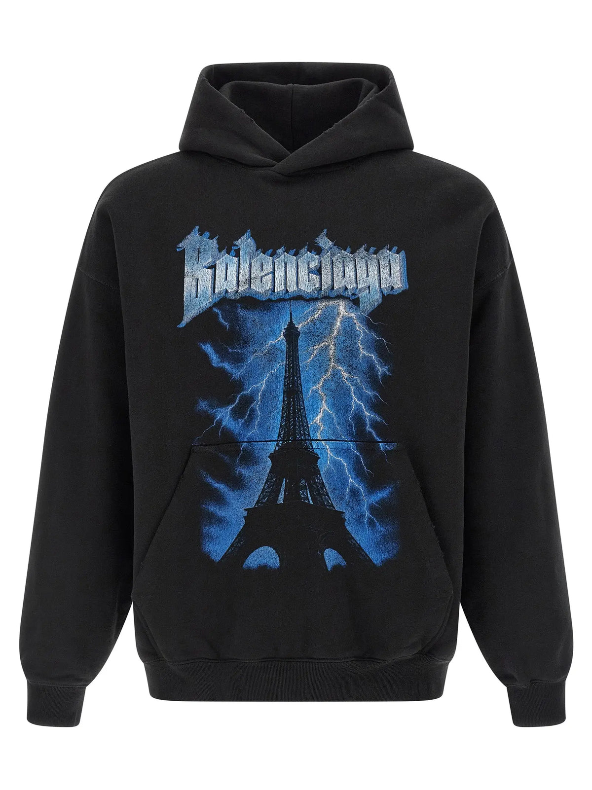 Sweatshirt coton noir balenciaga avec grand graphisme bleu tour eiffel entourée d éclairs et logo stylisé au dos
