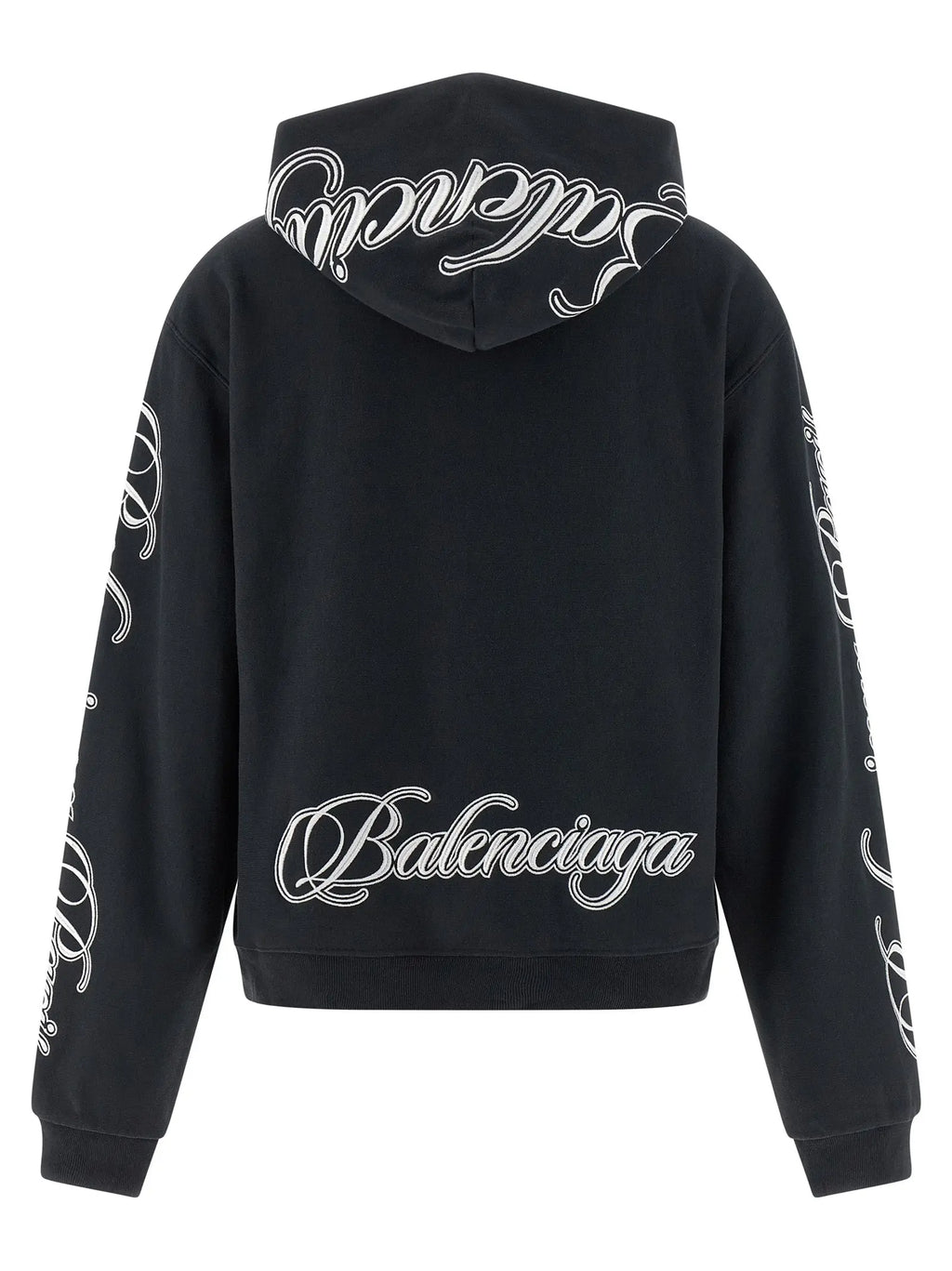 Sweatshirt balenciaga noir en coton vue de dos avec logo brodé blanc en cursive sur le dos la capuche et les manches