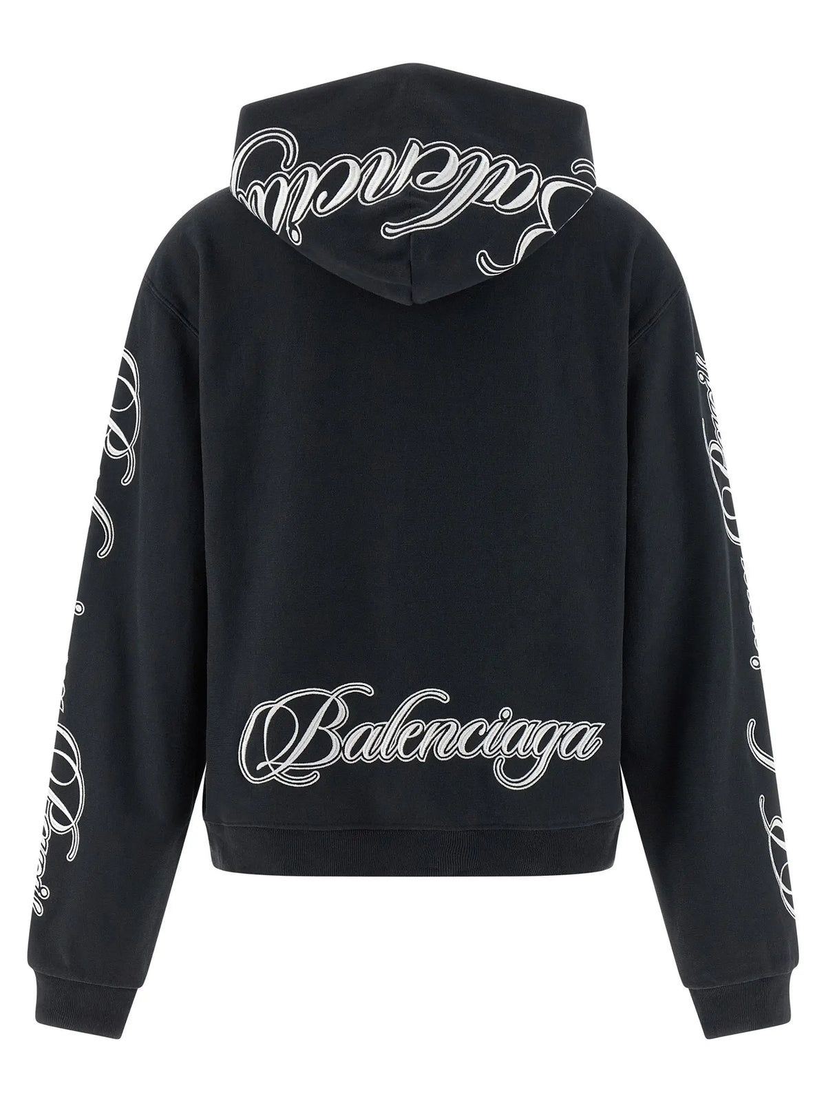 Sweatshirt balenciaga noir en coton vue de dos avec logo brodé blanc en cursive sur le dos la capuche et les manches