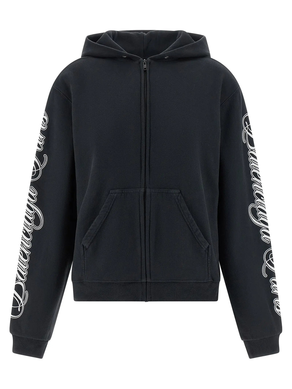 Balenciaga sweat à capuche noir en coton avec fermeture éclair et logo blanc en cursive sur les manches