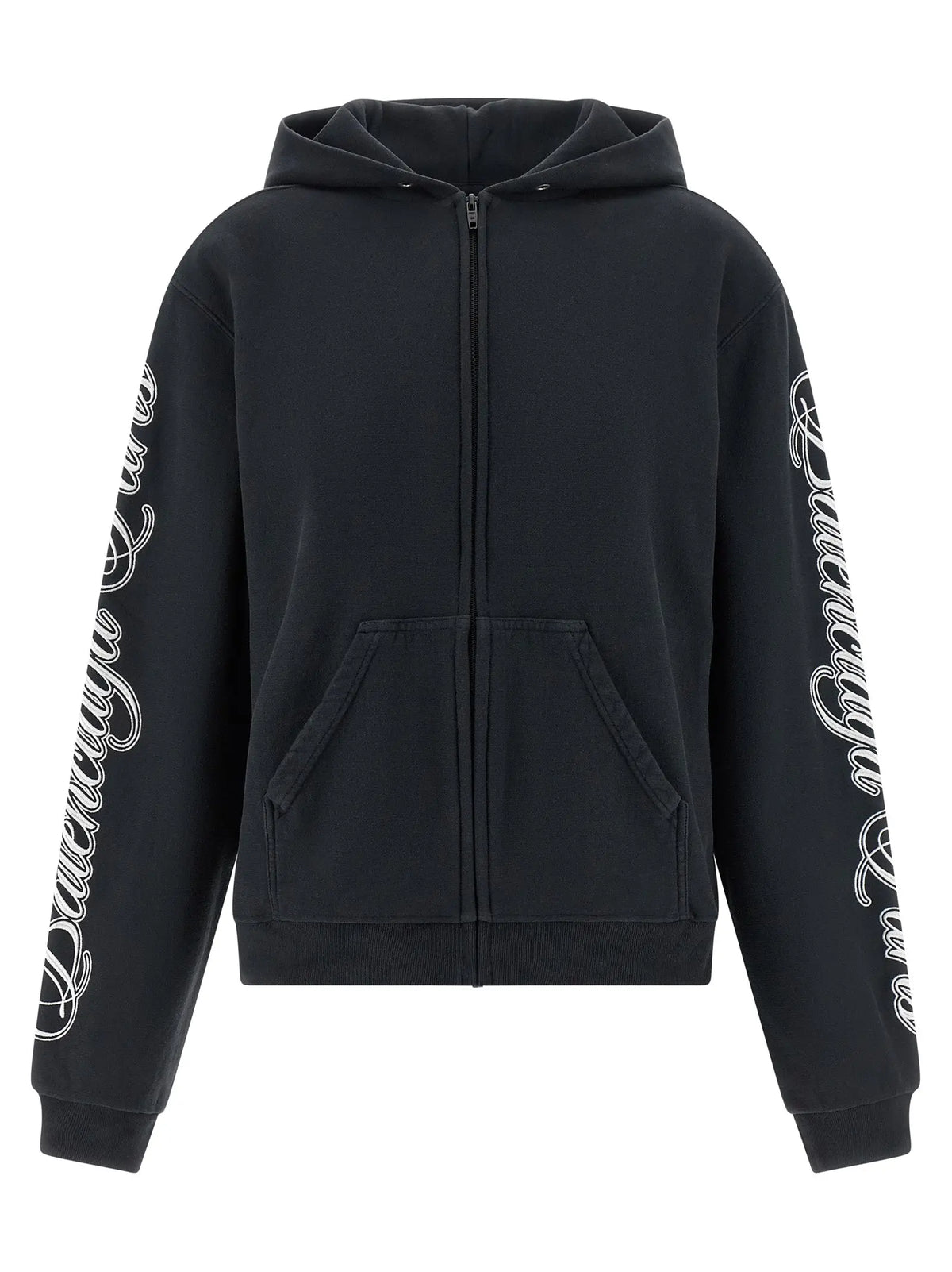 Balenciaga sweat à capuche noir en coton avec fermeture éclair et logo blanc en cursive sur les manches