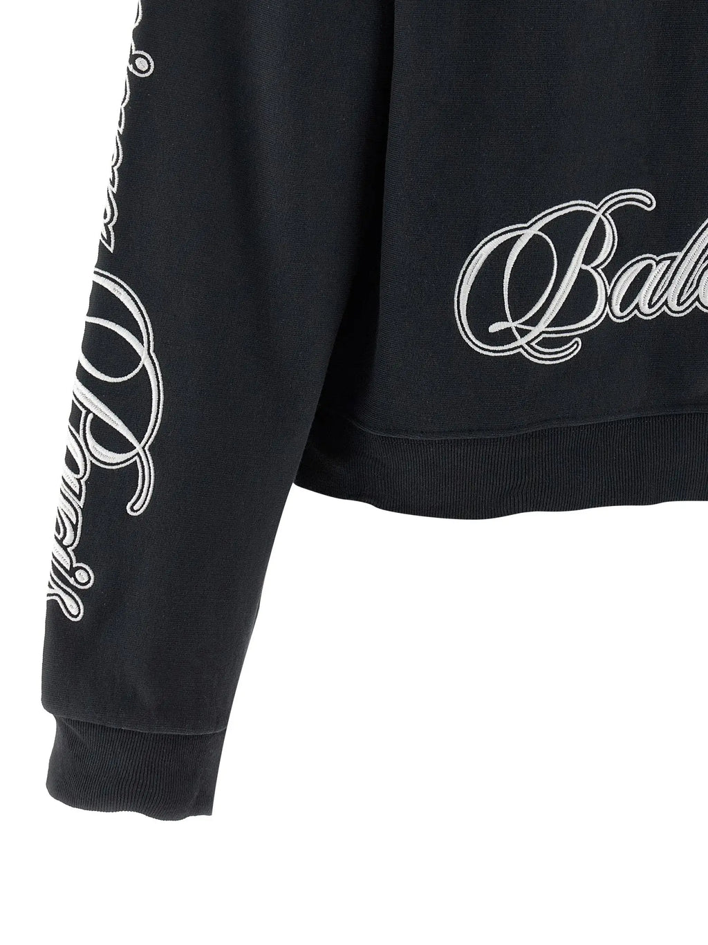 Sweatshirt balenciaga noir en coton avec broderie blanche cursive sur la manche et la poitrine
