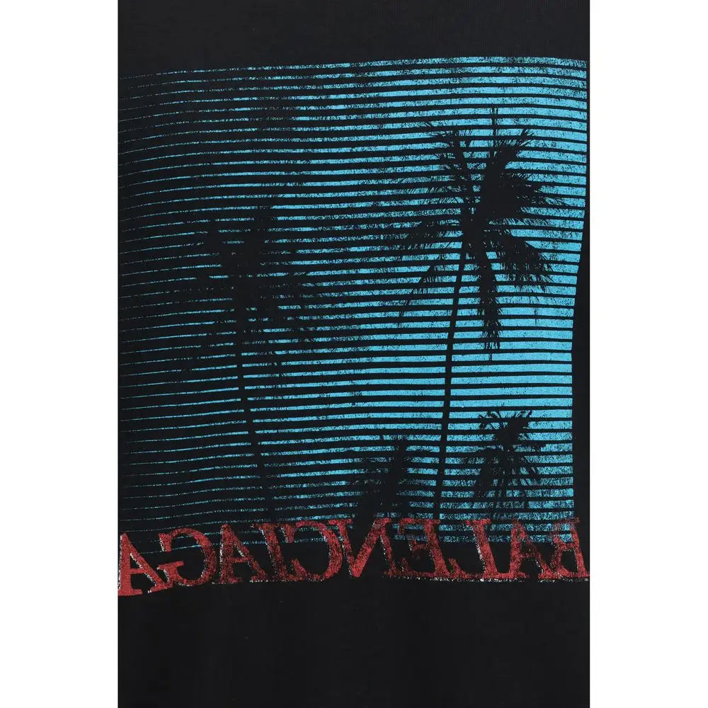 Sweatshirt balenciaga noir en coton avec imprimé graphique de palmiers et rayures teal horizontales nom de la marque en rouge