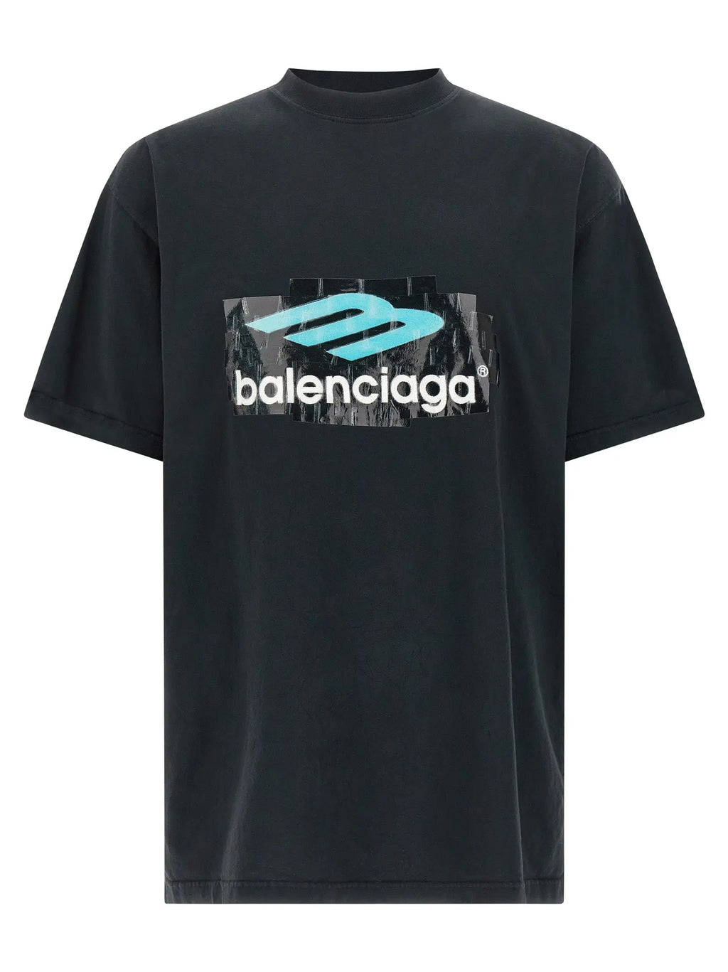 T-shirt balenciaga noir en coton avec logo audacieux teal et blanc en design fragmenté usé