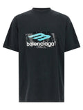 T-shirt balenciaga noir en coton avec logo audacieux teal et blanc en design fragmenté usé