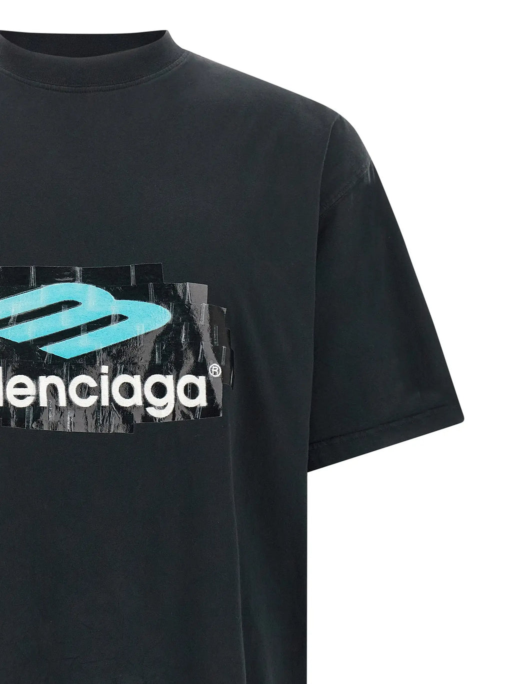 T-shirt balenciaga noir en coton avec logo audacieux en dégradé bleu sarcelle et blanc effet ruban usé