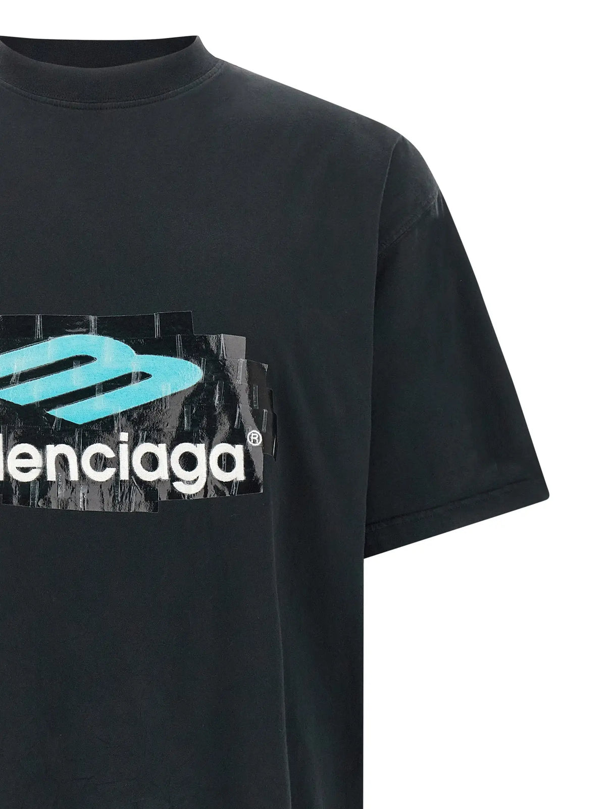 T-shirt balenciaga noir en coton avec logo audacieux en dégradé bleu sarcelle et blanc effet ruban usé