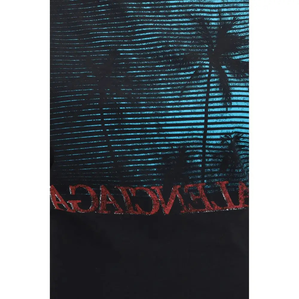 T-shirt balenciaga noir en coton avec motif palmier teal et lettres pailletées rouges en bas