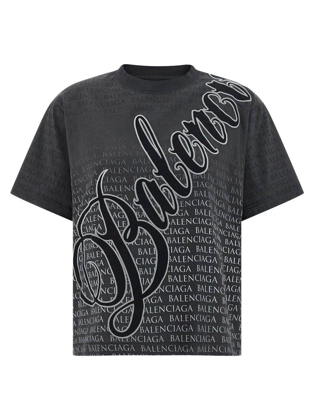T-shirt balenciaga noir en coton avec logo balenciaga blanc imprimé en répétition sur le devant et les manches