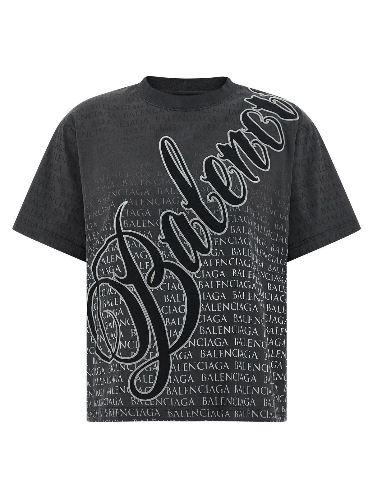 T-shirt balenciaga noir en coton avec logo balenciaga blanc imprimé en répétition sur le devant et les manches
