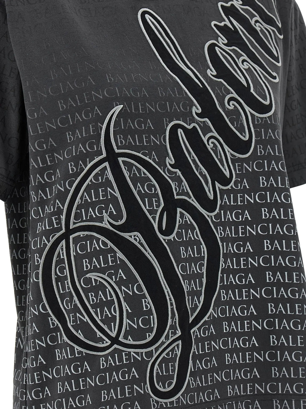 T-shirt balenciaga noir en coton avec logo stylisé blanc et fil argenté sur imprimé répétitif de la marque
