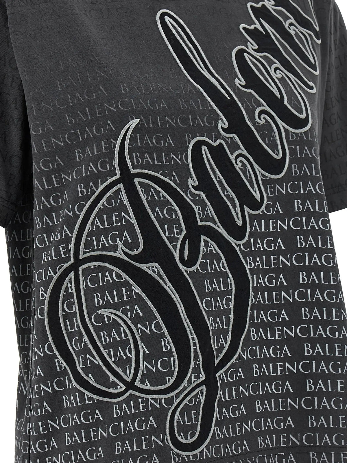 T-shirt balenciaga noir en coton avec logo stylisé blanc et fil argenté sur imprimé répétitif de la marque
