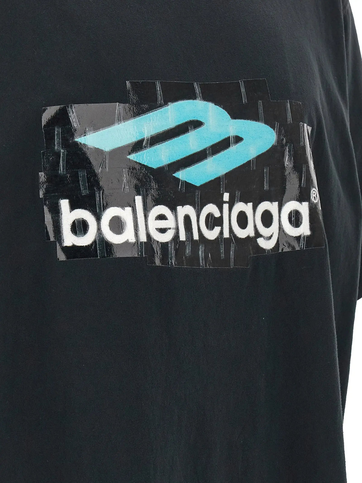 T-shirt balenciaga noir en coton avec logo distressed et branding teal et blanc appliqué sur bande adhésive