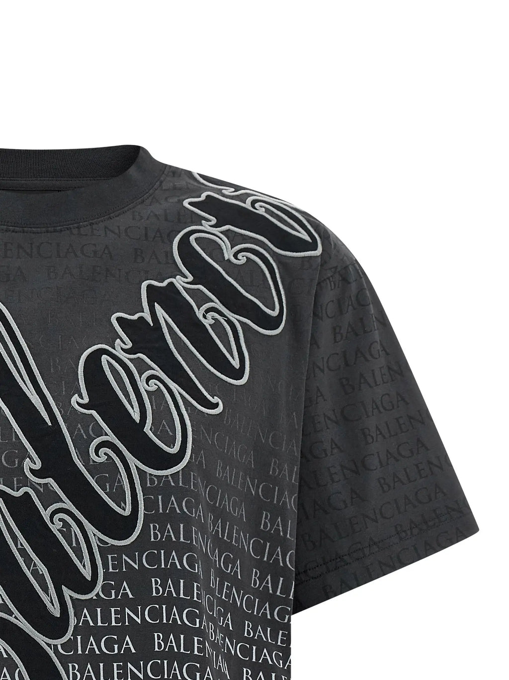 T-shirt balenciaga noir en coton avec logo blanc en script et texte balenciaga répété sur le tissu