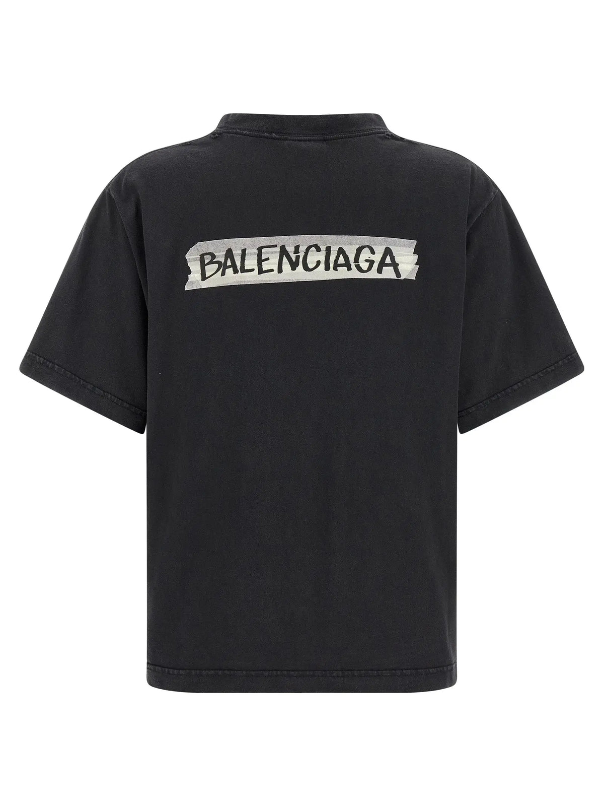 T-shirt balenciaga noir en coton avec logo blanc en style bande usée visible au dos