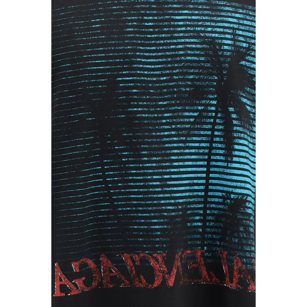 T-shirt balenciaga noir en coton avec bande horizontale teal et logo rouge distressed en bas