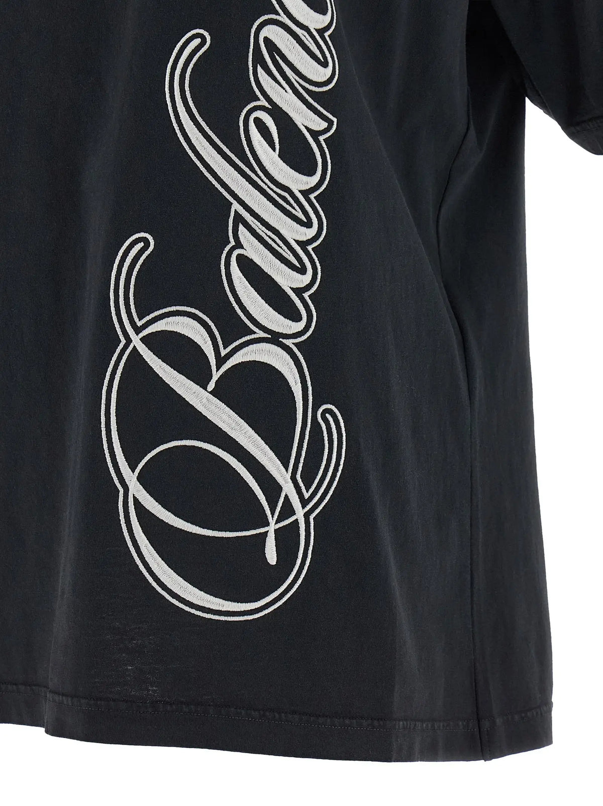 T-shirt balenciaga noir en coton avec logo blanc cursif brodé verticalement sur le côté
