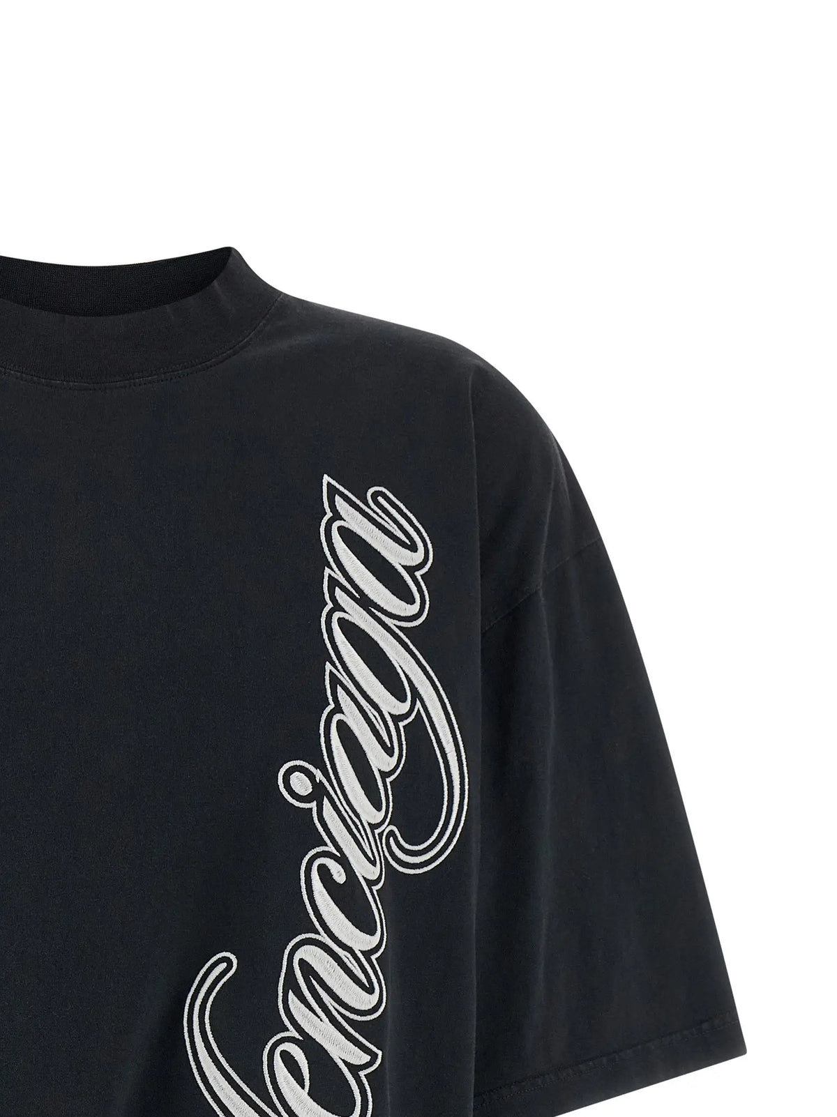 Balenciaga t-shirt noir en coton avec logo blanc cursif en diagonale sur la manche