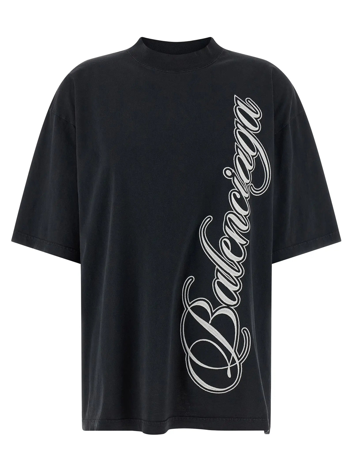 T-shirt balenciaga noir en coton avec grand logo cursif blanc en diagonale sur le devant