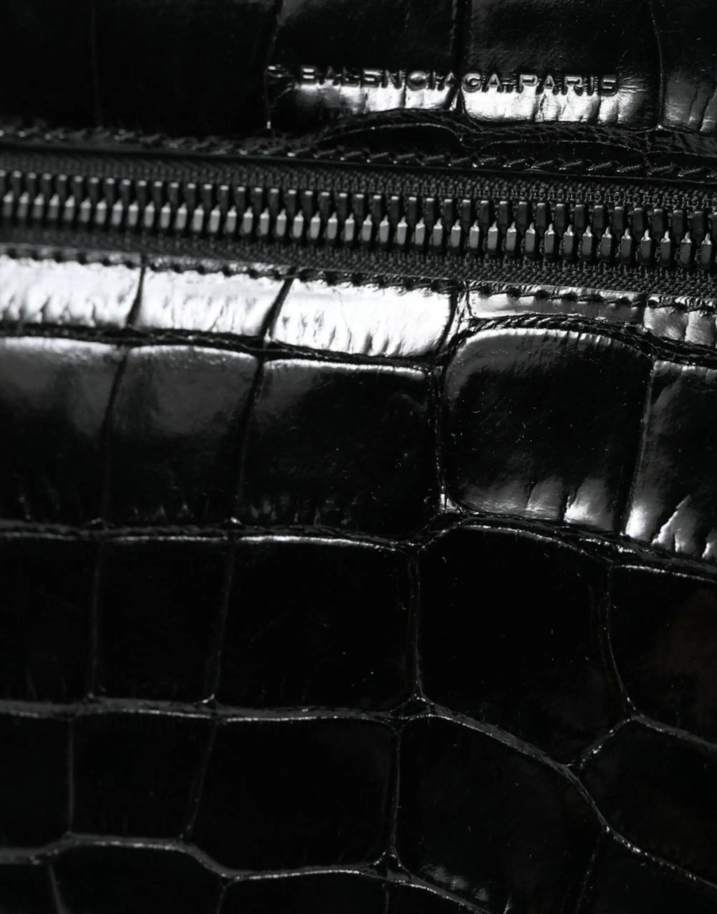 Balenciaga black exotic leather shoulder crossbody camera bag with black crocodile-skin textured wallet and metallic zipper