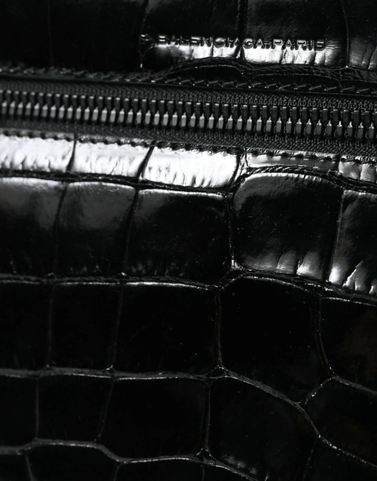 Balenciaga black exotic leather shoulder crossbody camera bag with black crocodile-skin textured wallet and metallic zipper
