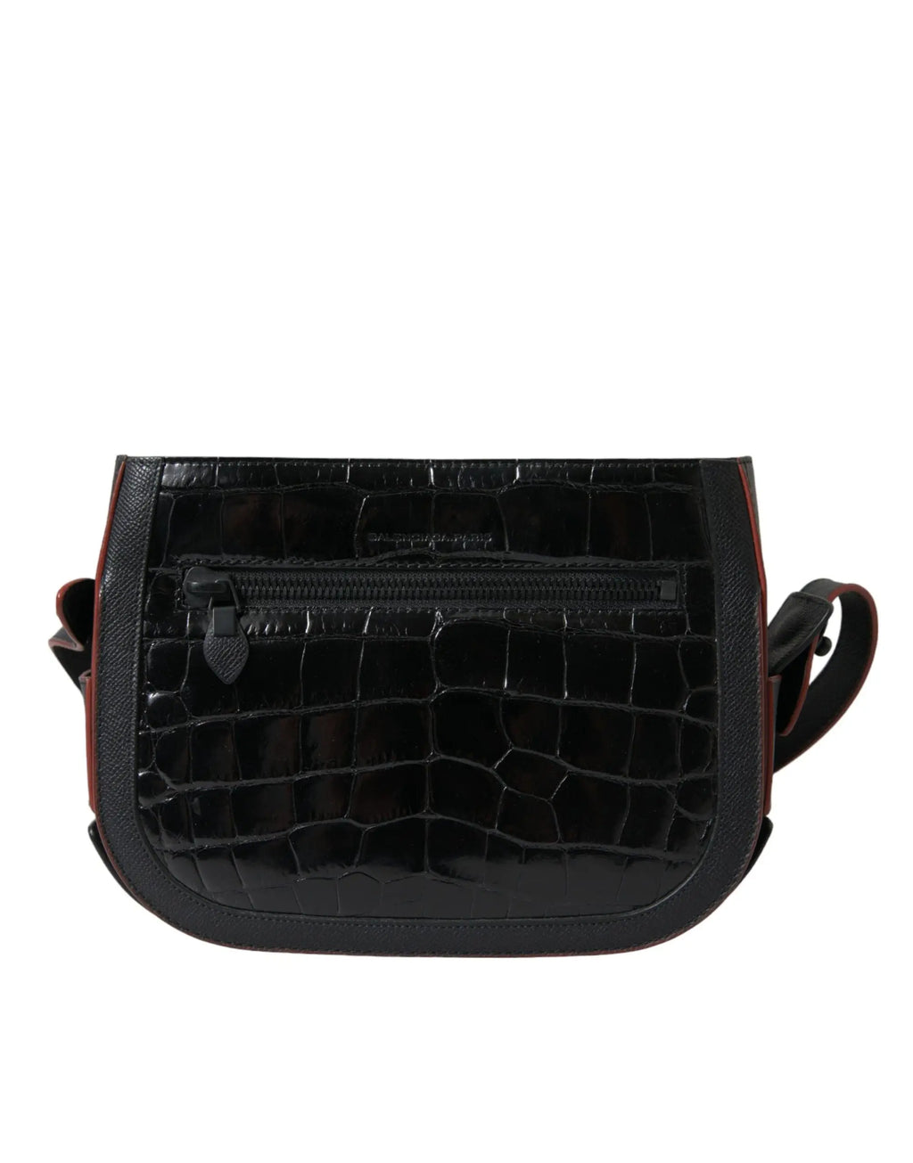 Balenciaga sac bandoulière noir en cuir exotique embossé crocodile avec bordure rouge contrastante et compartiment zip central