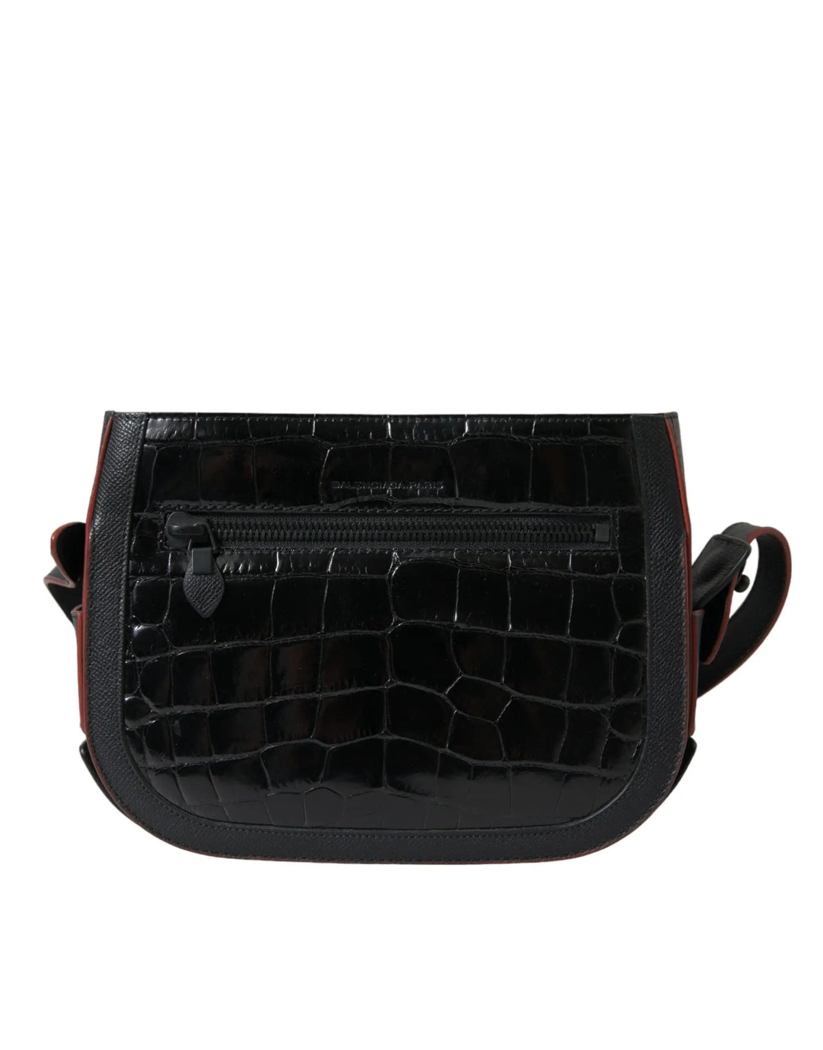 Balenciaga sac bandoulière noir en cuir exotique embossé crocodile avec bordure rouge contrastante et compartiment zip central