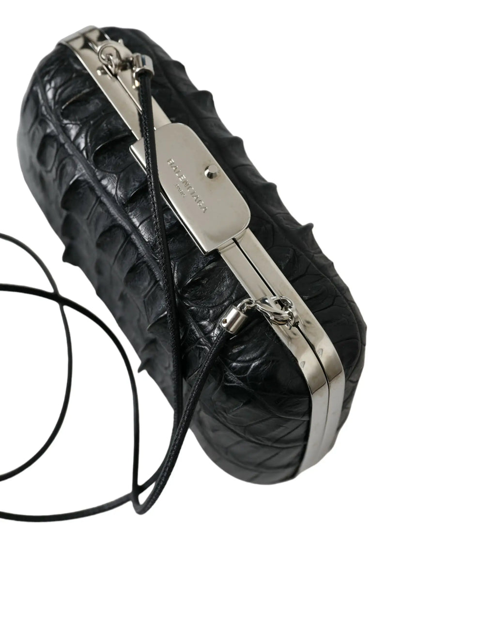 Balenciaga sac pochette bandoulière en cuir exotique noir avec fermoir métal argenté et chaîne croco