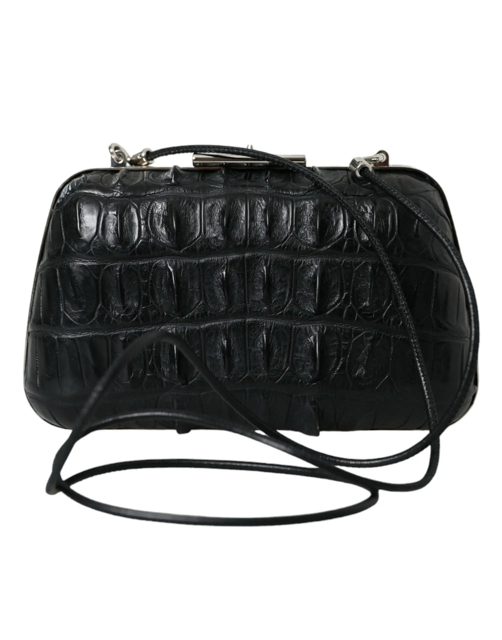 Balenciaga sac pochette noir en cuir embossé peau exotique crocodile avec ferrures argentées et bandoulière amovible