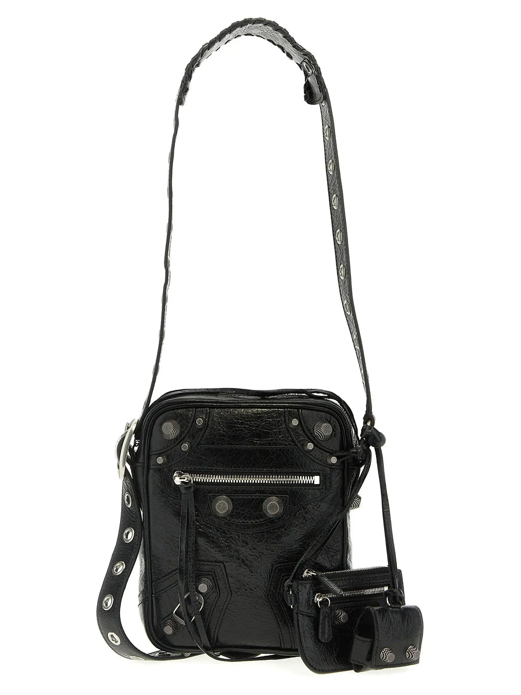 Balenciaga sac bandoulière en cuir dagneau noir avec ferrures argentées et clous circulaires