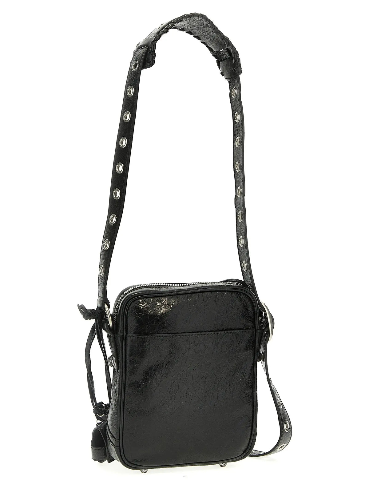 Sac bandoulière balenciaga noir en cuir dagneau avec clous argentés sur la sangle et poche avant zippée