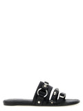 Balenciaga black lamb leather slides with black croc-embossed leather and silver-toned metal buckles and rings