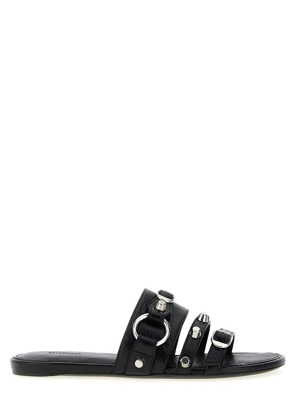 Balenciaga black lamb leather slides with black croc-embossed leather and silver-toned metal buckles and rings